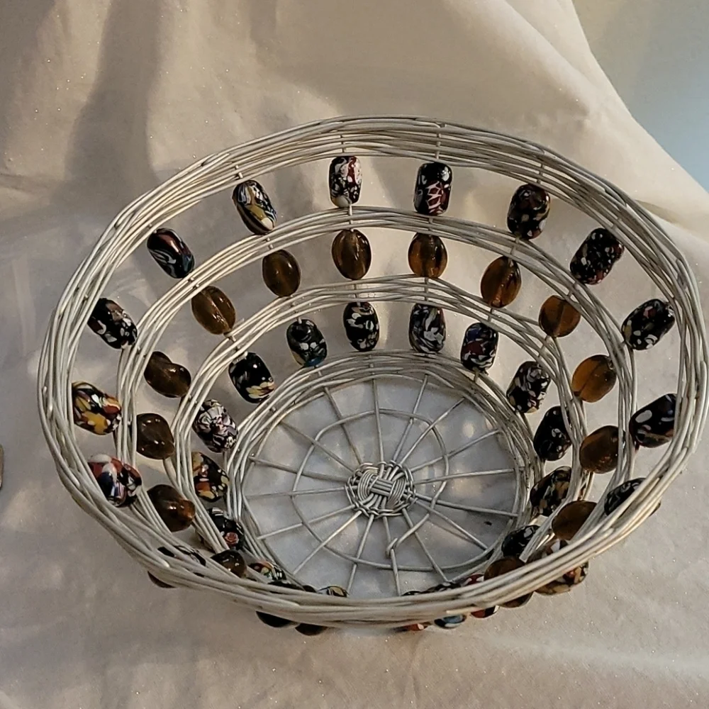 Handmade Metal Wire Woven Beaded Basket